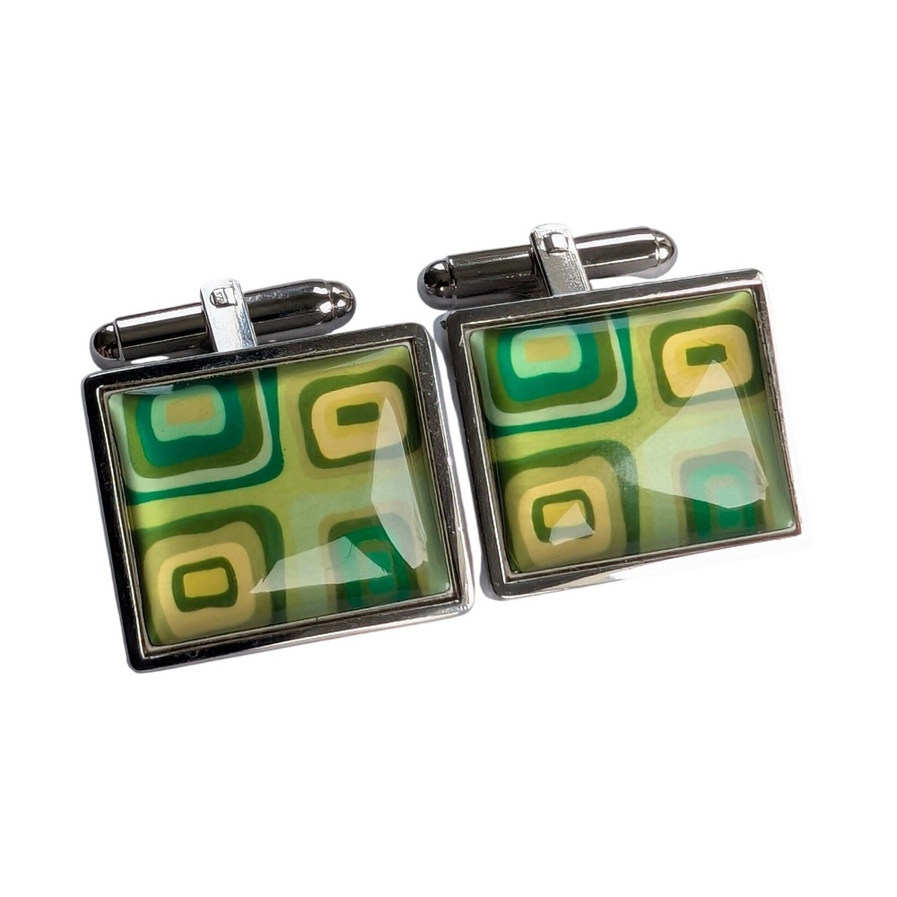 Vintage Fossil Cufflinks Mens Green Retro Geometric Square Silver Tone